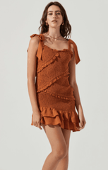ASTR Eastwick Smocked Ruffle Mini Dress in Brown