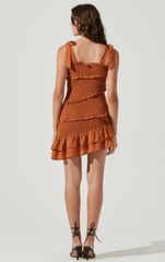 ASTR Eastwick Smocked Ruffle Mini Dress in Brown