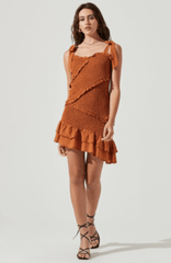 ASTR Eastwick Smocked Ruffle Mini Dress in Brown