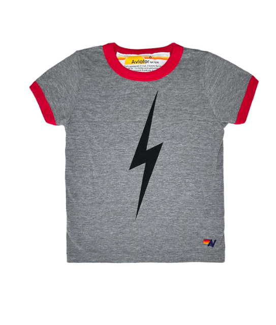 Aviator Nation Kids Ringer Bolt Tee in Heather Grey/Red