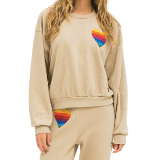 Aviator Nation Rainbow Heart Stitch Crew Sweatshirt in Sand
