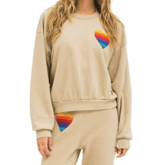Aviator Nation Rainbow Heart Stitch Crew Sweatshirt in Sand