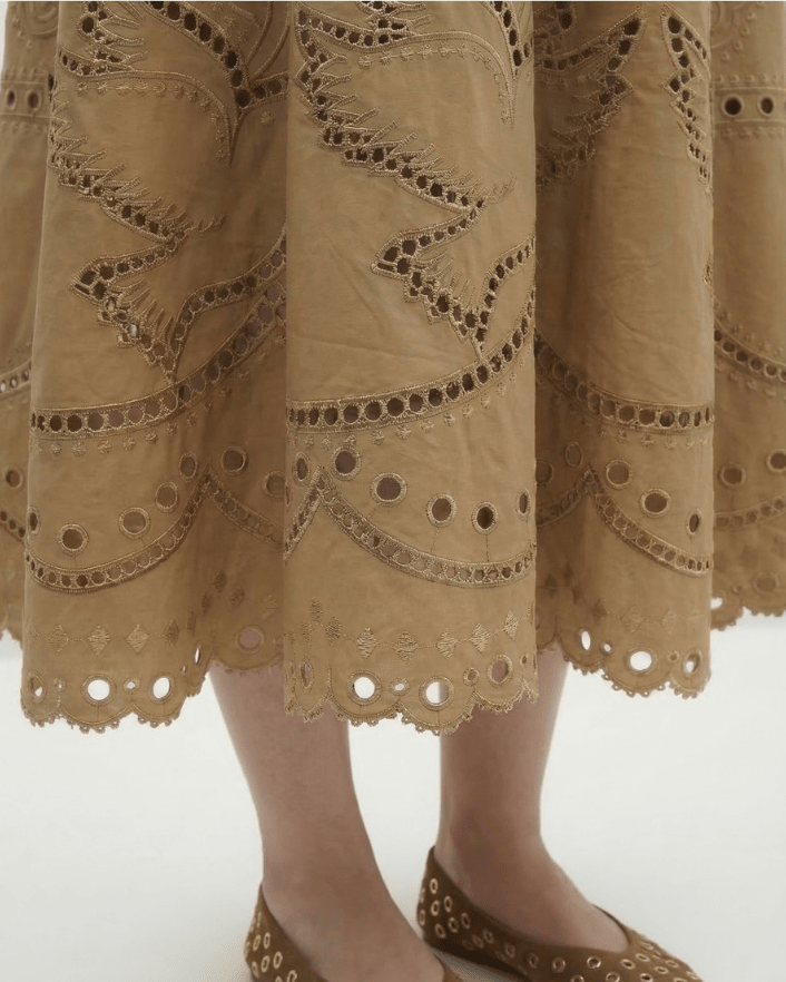 Berenice Juliana MIdi Embroidery Skirt in Camel