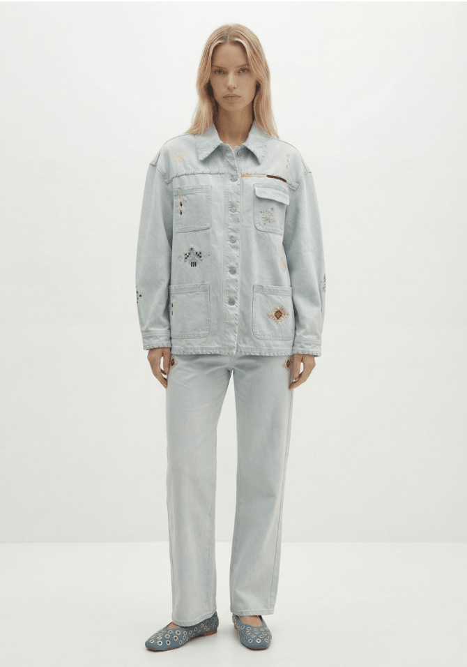 Berenice Valea Embroidered Denim Jacket in Light Blue Denim