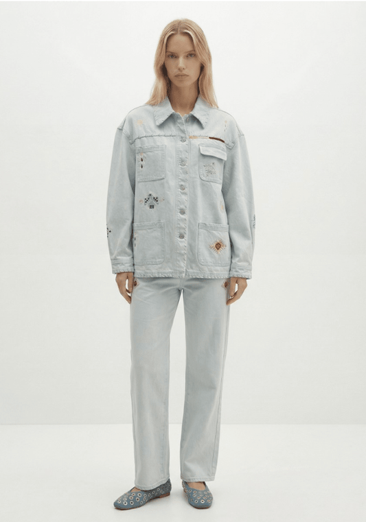 Berenice Valea Embroidered Denim Jacket in Light Blue Denim