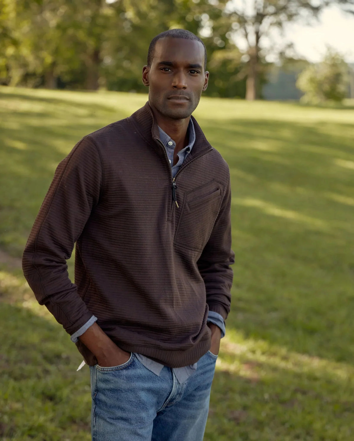 Billy Reid Quilted Half Zip in Chocolate