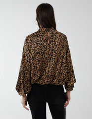 High Neck Leopard Print Satin Blouson Top