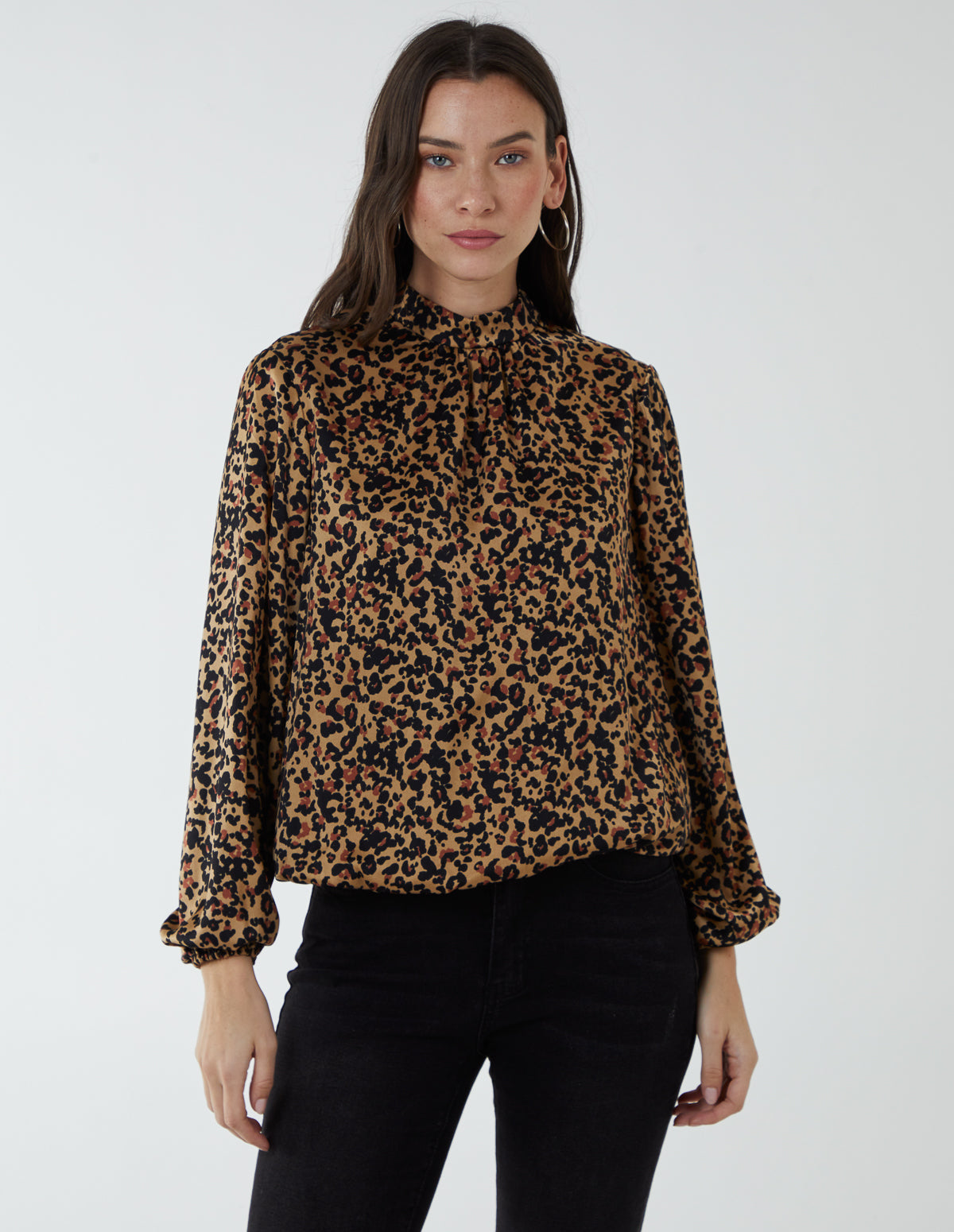 High Neck Leopard Print Satin Blouson Top