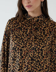 High Neck Leopard Print Satin Blouson Top