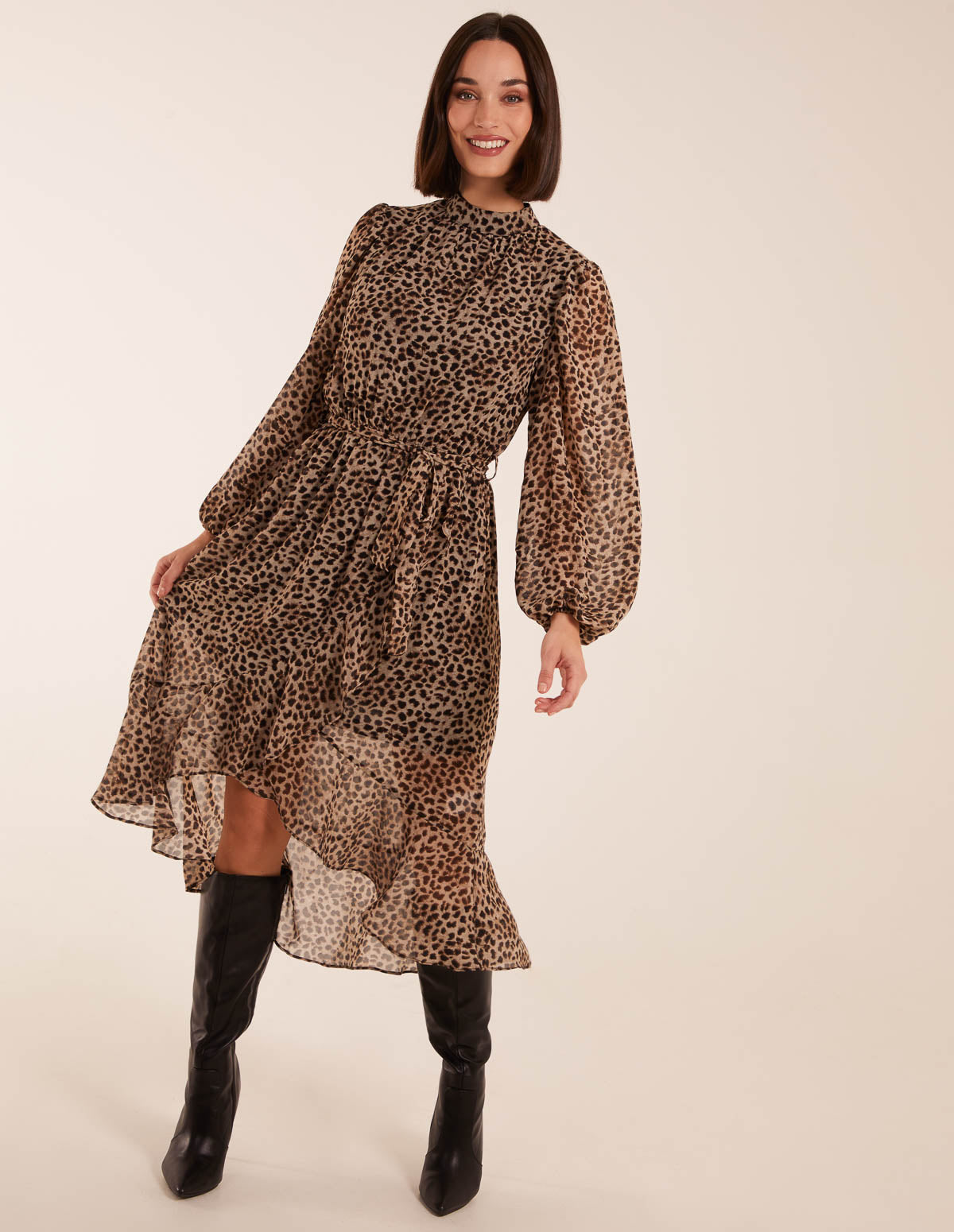 Leopard Print High Neck Wrap Frill Hem Midi Dress