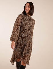 Leopard Print High Neck Wrap Frill Hem Midi Dress