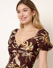 Shell Knot Front Puff Sleeve Midi Dress