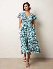 Printed V Neck Frill Sleeve Midi Dress