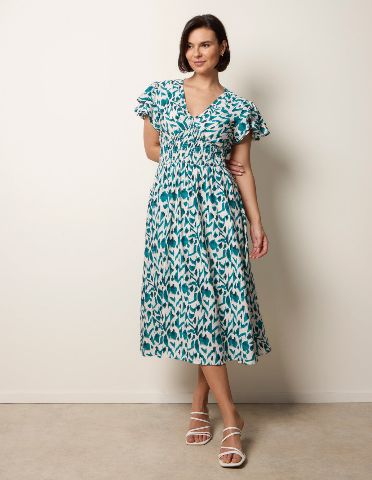 Printed V Neck Frill Sleeve Midi Dress