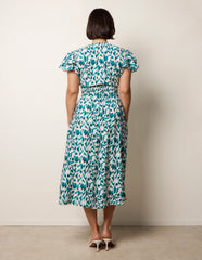 Printed V Neck Frill Sleeve Midi Dress