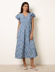 V Neck Flutter Midi Dress