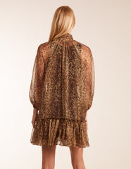 Leopard Print Pussybow Frill Shirt Dress