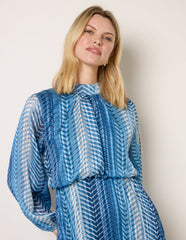Zig Zag Metallic High Neck Puffball Pleated Dress