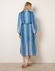 Zig Zag Metallic High Neck Puffball Pleated Dress