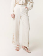 Linen Flower Embroidery Trousers