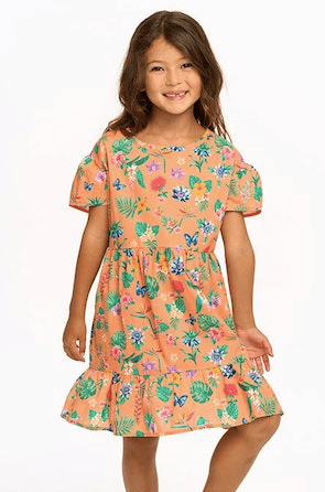 Chaser Kids Tiered Dress in Peach Tropical Floral