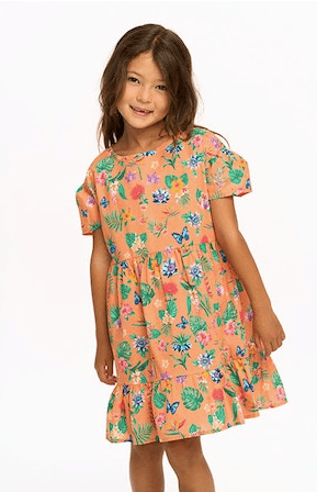 Chaser Kids Tiered Dress in Peach Tropical Floral