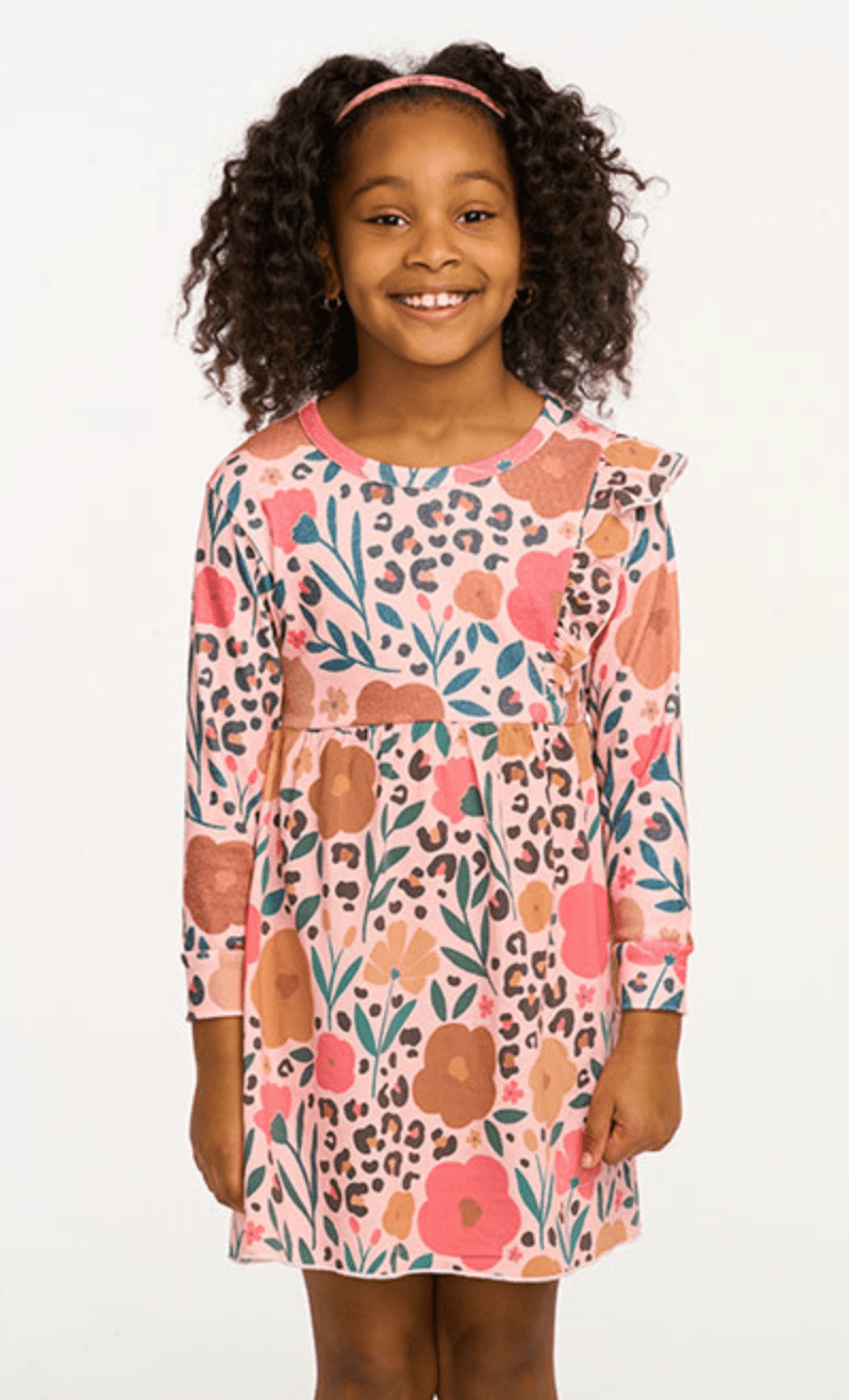 Chaser Longsleeve Ruffle Dress in Floral & Leopard