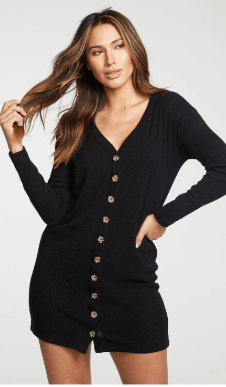 Chaser Rib Button Down Cardigan Dress in True Black