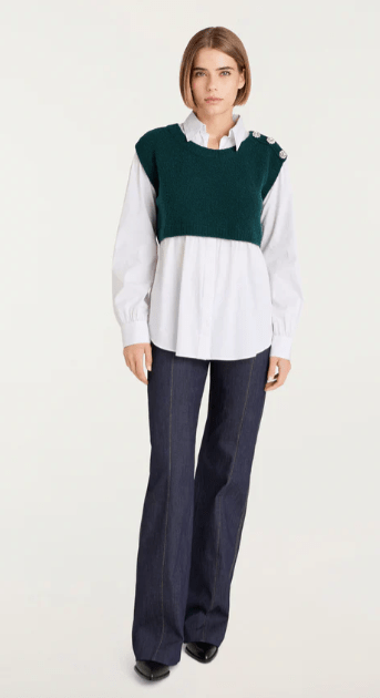 Cinq A Sept Alden Pullover in Green Onyx/White