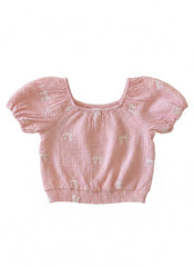 Design History Girls Bow Puff Sleeve Top in Pink Posies
