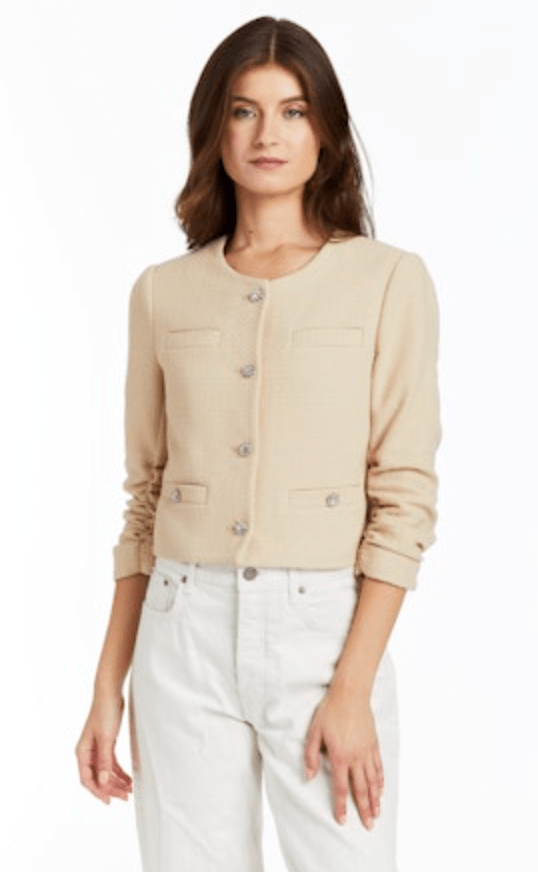 Drew Halo Cropped Euro Tweed Jacket in Sand