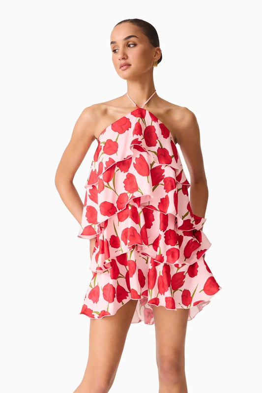 Elliatt Melia Halter Mini Dress in Pink & Red Floral