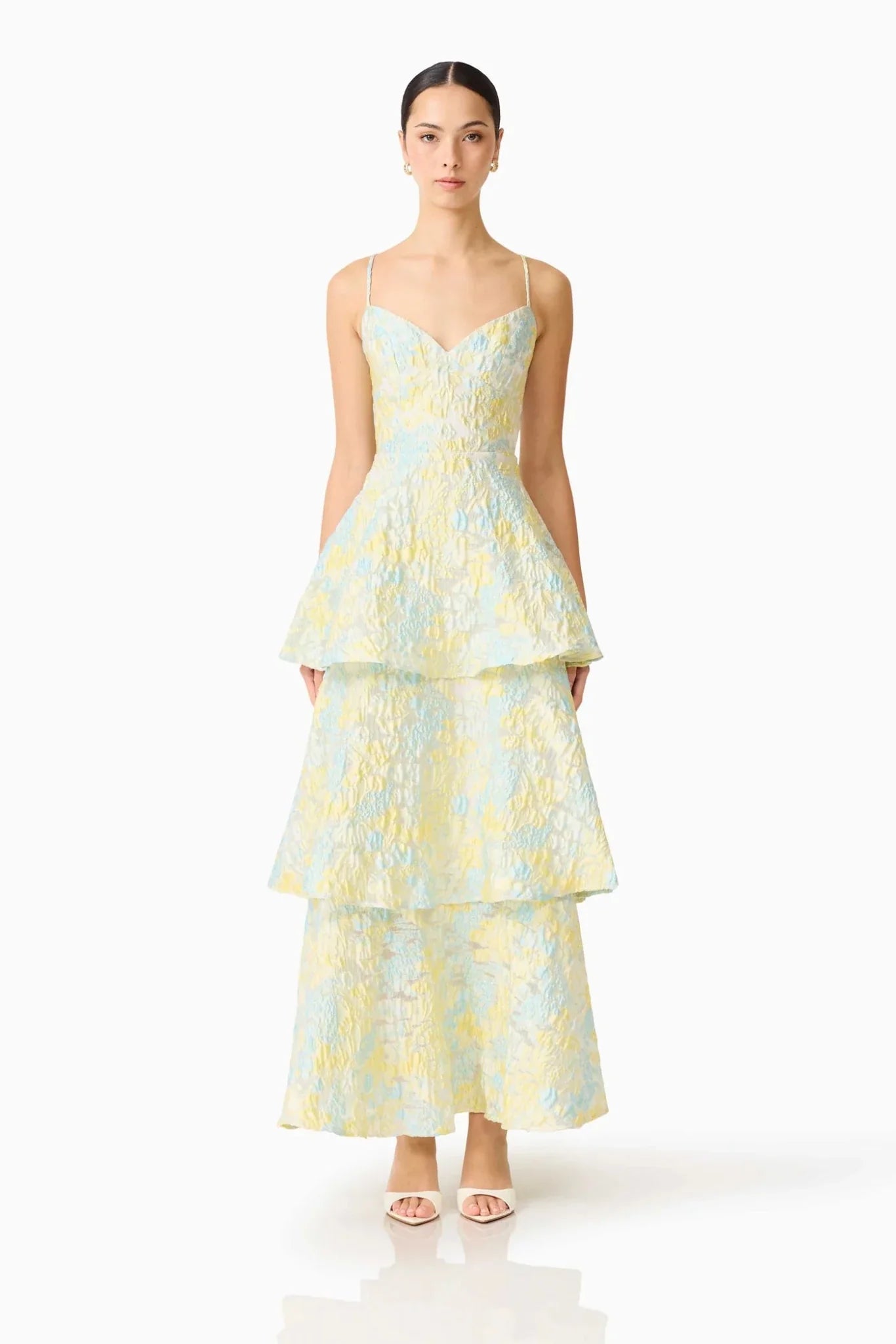 Elliatt Penelope Tiered Gown in Yellow Blue Floral