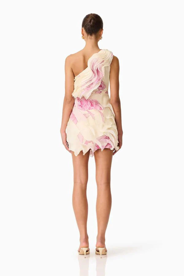 Elliatt Rova One Shoulder Mini Dress in Cream Pink Floral