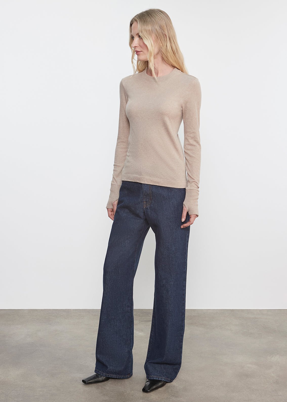 Enza Costa Cashmere Easy Cuffed Crew in Khaki