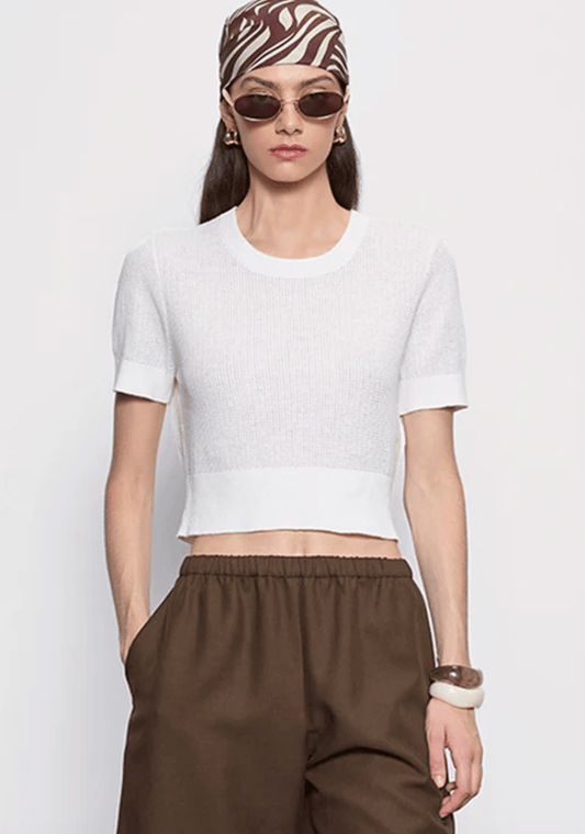 Enza Costa Linen Open Knit Cropped S/S in Off White