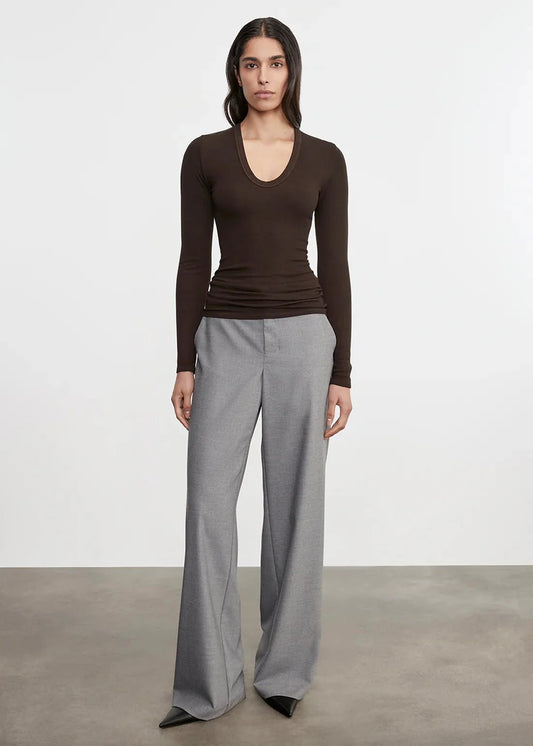 Enza Costa L/S Silk U Rib Top in Coffee Bean