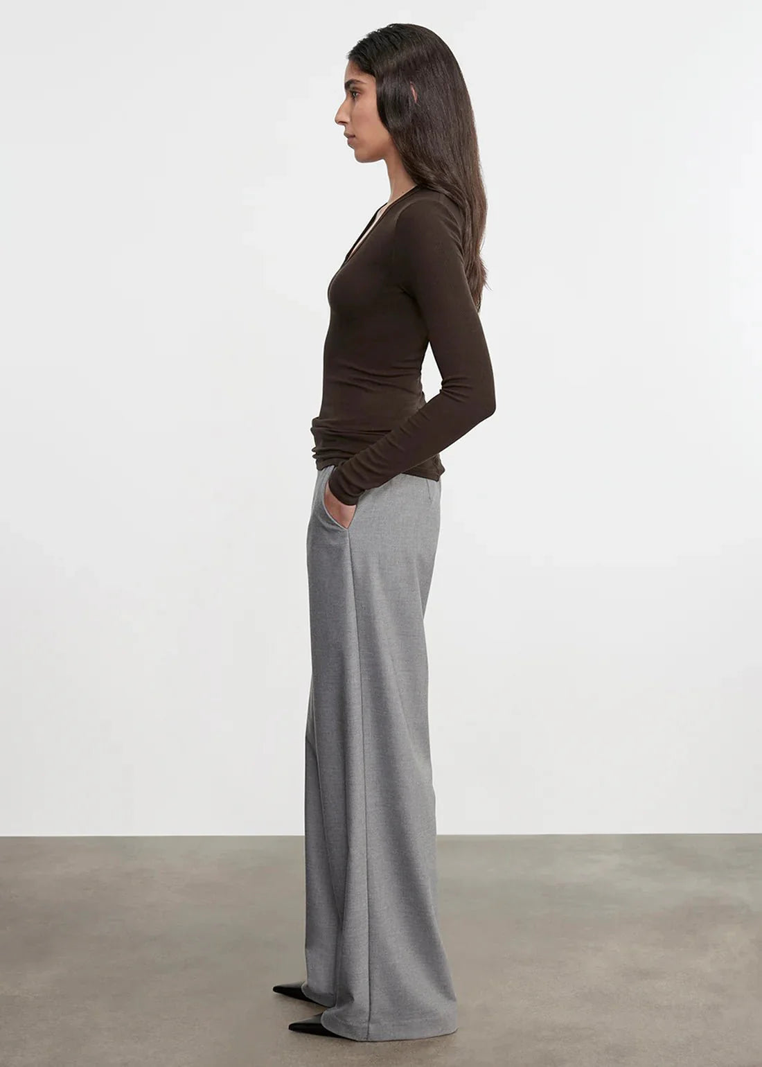 Enza Costa L/S Silk U Rib Top in Coffee Bean