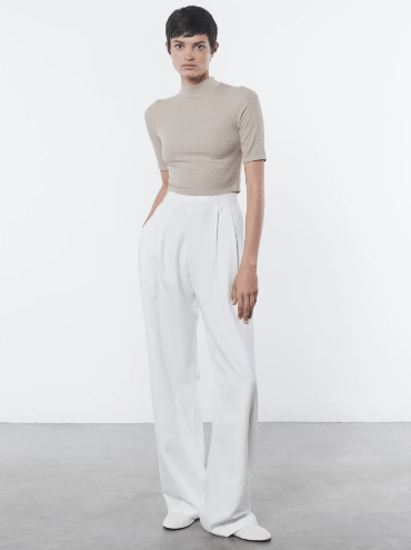 Enza Costa Silk Rib Cropped Half Sleeve Mockneck in Tan