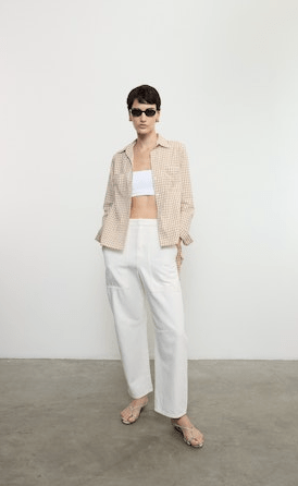 Enza Costa Textured Gingham Shirt in Japanese Cotton in Sand Gingham
