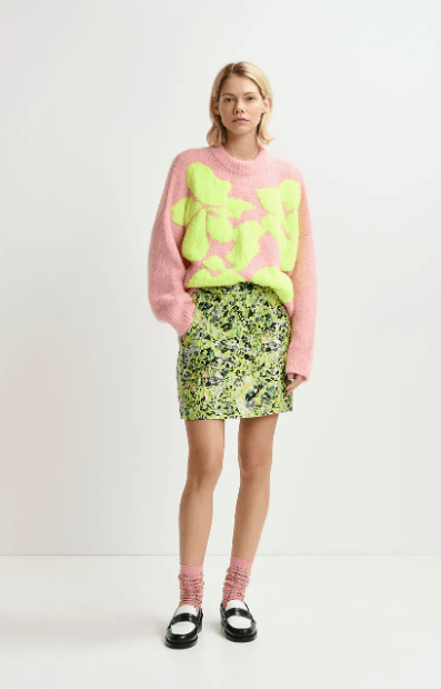 Essentiel Antwerp Floral Jacquard Mini Skirt in Black Green Lime