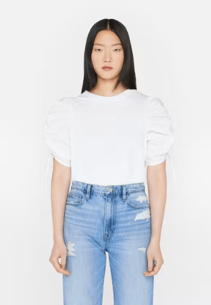 Frame Ruched Tie Sleeve Tee in Blanc