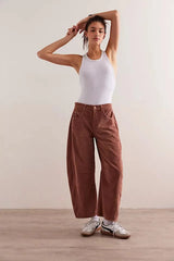 Free People Good Luck Mid-Rise Cord Barrel Jeans in Emperador