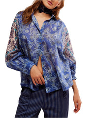 Free People Rose Bud Blouse in Blue Combo