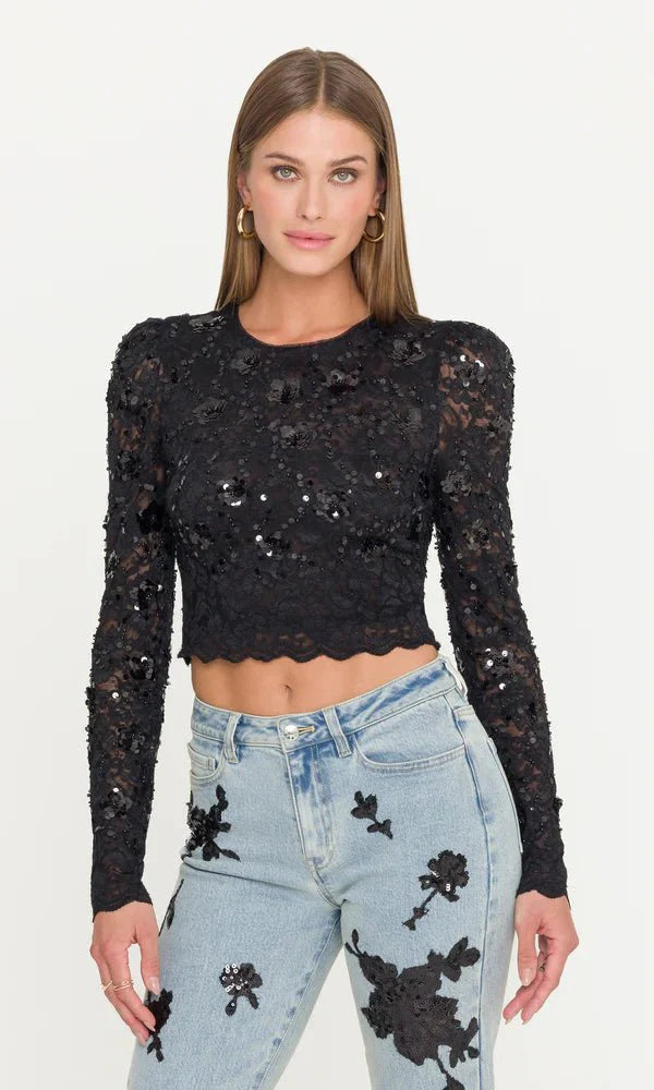 Generation Love The Safia Sequin Lace Top in Black