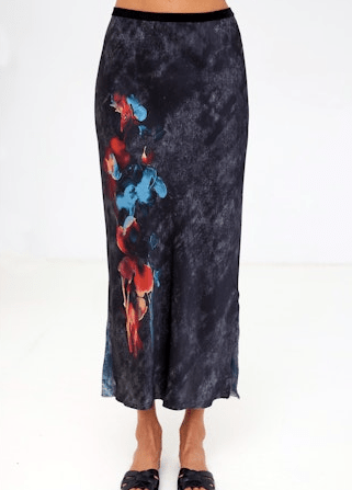 Go Silk Go Long For It Skirt Placed in Black Floral