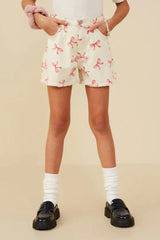 Hayden Girl Bow Distressed Denim Short in Ivory