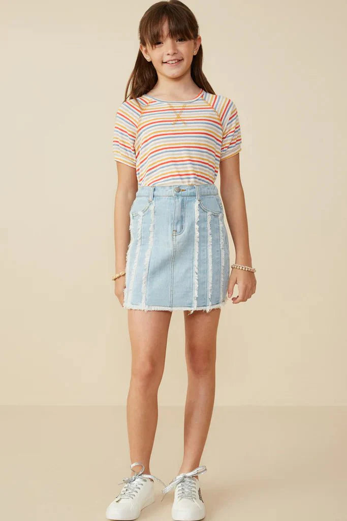 Hayden Girl Frayed Seam Detailed Denim Skirt in Light Denim