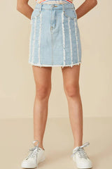 Hayden Girl Frayed Seam Detailed Denim Skirt in Light Denim