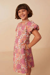 Hayden Girl Puff Sleeve Floral Print Jacquard Dress